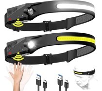 Adventure Light 2.0 – oriģinālais COB mikroshēmas LED 230° platleņķa galvas lukturis, uzlādējams ar USB tipa C ātrās uzlādes savienojumu, dubultā slēdža sensoru, galvas saiti, triecienizturīgs, ūdensizturīgs, elastīgs (2 gab. iepakojum