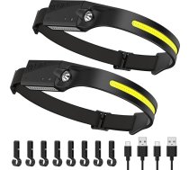 LED uzlādējams galvas lukturis, 2 gab., super spilgts galvas lukturis ar 4 gaismas režīmiem, 350 lūmeni, USB-C, sensora režīms, ideāli piemērots skriešanai, makšķerēšanai, nakts remontdarbiem un āra aktivitātēm