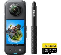 Insta360 X3 iesācēju komplekts – ūdensizturīga 360° darbības kamera ar 1/2 collas sensoru, 5,7K 360°, 72 MP 360° fotogrāfijas, stabilizācija, 2,29 collu skārienjūtīgais ekrāns, vibrācijas atgriezeniskā saite, AI rediģēšana, tiešraide