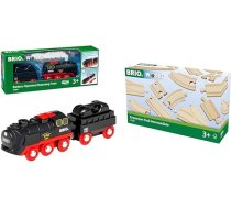 BRIO World 33884 bateriju darbināma tvaika lokomotīve ar ūdens tvertni, ar īstu aukstu tvaiku un ūdens tvertni atkārtotai uzpildīšanai, ieteicams no 3 gadu vecuma, kā arī dzelzceļa komplekts 33402, vidēja izmēra sliedes komplekts, dažādās