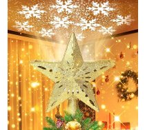Qoosea Ziemassvētku eglīte Topper Rotējoša 3D gliteru sniega pārsla ar 6 mainīgiem LED gaismas režīmiem, ziemas gliteru zvaigzne Ziemassvētku eglītes Topper Ziemassvētku eglītes Topper Ziemassvētku svētku mājas ballīšu dekorēšanai (zelt