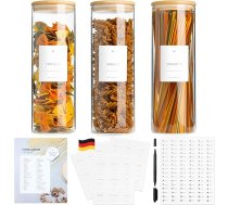 Uzglabāšanas trauku ar vākiem komplekts (3 gab.) 1700 ml - hermētiski stikla trauki ar bambusa vāku, lieli trauki miltu, labības un spageti uzglabāšanai, ar garšvielu etiķetēm un marķieriem, apaļi