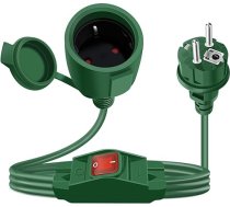 Schuko pagarinātājs ar slēdzi, 16 A, 250 V, Schuko kabelis ar slēdzi, 2 maiņstrāvas padeves ligzdām, IP44, āra vai iekštelpu, mājām, birojam (zaļš, 1,5 m)