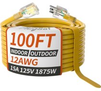 100 ft 12/3 Gauge āra pagarinātājs ūdensizturīgs ar apgaismotu indikatoru, 12 Gauge SJTW Heavy Duty 15 Amp 1875W, 3 dzīslu vadi, elastīgs 100% vara dzeltens ETL iekļauts sarakstā