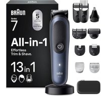 Braun AIO7565 All-In-One Trimmer Style Kit Series 7, 13-in-1 kopšanas komplekts, bārdas trimmeris, deguna trimmeris, matu trimmeris sejai, galvai un ķermenim, 120 min. Akumulators, 14 garumu (3-21 mm), ūdensizturīgs, zils, zils.