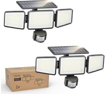 Philips Saules apgaismojums āra gaismām ar kustības sensoru, 302 LED, 1200 lūmenu, saules enerģijas ūdensizturīgi sienas prožektori, 3 galviņas, IP65 ūdensizturība, 3 režīmi (2 gab.)