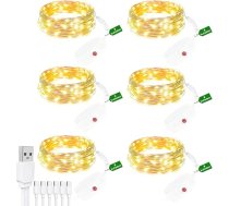 6 uzlādējamu pasaku gaismu iepakojums iekštelpās ar akumulatoru un taimeri, 8 režīmi, 2 m 20 LED vara stieples mini pasaku gaismas, mazas ar akumulatoru, ūdensizturīgas āra Ziemassvētku svinību kāzu apgaismojumam.