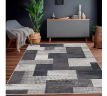Mūsdienīgs ģeometrisks patchwork stila paklājs dzīvojamajai istabai, antracīta krāsā, 200 x 300 cm, lielizmēra paklāji, „Rockwood“ kolekcija – grīdas dekori guļamistabai, pelēks, mīksts, īsspalvu, mazgājams paklājs