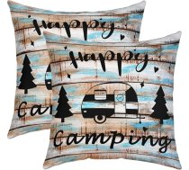 Caravan divpusējie spilvenu pārvalki, 40 x 40 cm, „Happy Camping“ kvadrātveida spilvenu pārvalks, 2 gab. komplekts, rustikāla koka vintage stila spilvenu pārvalks, mājas dekori, dīvāna spilvens, dīvāna spilvens, gultas spilvens