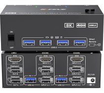 KVM slēdzis 2 PC 3 monitoriem HDMI + 2 Display Port 8K @ 60Hz 4K @ 144Hz, MLEEDA trīs monitoru KVM slēdzis 2 PC daļām 3 monitoriem un 4 USB 3.0 ierīcēm ar 12 V barošanas avotu, vadu tālvadības pulti un 2 kabeļiem