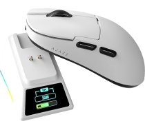 AJAZZ AJ159 APEX bezvadu spēļu pele ar RGB magnētisko uzlādes bāzi, viegla 56 g konstrukcija, 2.4G/USB-C/BT, 400 mAh akumulators, 42K DPI, 8000 Hz reakcijas frekvence, saderīga ar PC un Mac, balta krāsā
