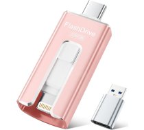 SUDEHO USB zibatmiņas karte 256 GB iPhone, MFi sertificēta USB-C un Lightning zibatmiņas karte, 3-in-1 atmiņas karte iPhone/iPad/Android/PC, USB 3.0 foto zibatmiņas karte, ātra foto un video pārsūtīšana, rozā krāsā