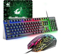 ZIYOU LANG T13 spēļu tastatūras un peles komplekts [spāņu QWERTY izkārtojums], 104 taustiņi ar varavīksnes LED apgaismojumu, 2400 DPI pele, iekļauts peles paliktnis, saderīgs ar PS, PC, klēpjdatoru, Mac - melns