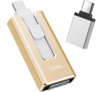 USB zibatmiņas zibatmiņas karte iPhone 256GB, [MFi Certified] 4-in-1 USB zibatmiņas karte iPhone, saderīga ar iOS/Android/PC, USB 3.0, bez lietotnes】, fotoattēlu un video dublēšanai, zelta krāsā