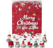 Deco Express Sveces Adventes kalendārs 2025, Ziemassvētku kalendārs ar 24 tējas lampiņām Ziemassvētkos, 3D sveces dekorēšanai, bez aromāta, degšanas laiks 2,5 stundas (3D Ziemassvētku tējas lampiņas)