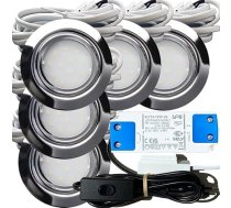 Jauni Lina IP44 LED iebūvētie plakanie prožektori, 12 V, 2,4 W, hroms, 200 lm, silti balta (3000 K), komplektā ietilpst LED transformators ar 230 V kabeli, strāvas kontaktdakša, vadu slēdžiem un AMP sadalītāju, diametrs 72 mm,