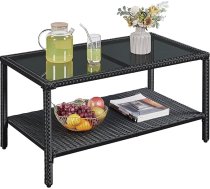 Yaheetech Poly Rattan dārza galds Kafijas galds Patio galds Blakus galds Kafijas galds Balkona galds ar plauktu un virsmu iekštelpām/āra lietošanai, melns