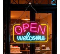 Atvērt Welcome neona zīme, 43 x 23 cm LED zīme, aptumšojama, krāsaina atvērta gaismas reklāma, USB vadāma, regulējams spilgtums, atvērta zīme kafijai, klubam, restorānam, viesnīcai, veikalam, bāram, dāvanām