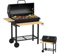 Zilan grils uz kokogļu oglēm ar vāku un termometru, BBQ grila ratiņi ar lielu grila virsmu 71 x 37 cm, koka sānu plaukts un nolokāms priekšējais galds, grils ar riteņiem un plauktu dārzam, terasei, āra apstākļiem