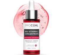 Procharcoal 10% C vitamīna seruma koncentrāts 30ml - vegānisks C vitamīna serums sejai ar prebiotikām, granātābolu un Kakadu plūmēm, 100% pārstrādājams iepakojums, ražots Lielbritānijā.