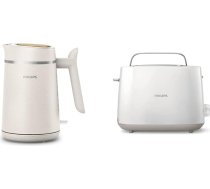 Philips tējkanna - videi draudzīgs izdevums, 1,7 l ietilpība, vadības displejs, Pirouette pamatne, izgatavota no lietotas cepamās eļļas, satīna balta matēta (HD9365/10) & Philips tosteris - 2 grauzdiņi, balts (HD2581/00)