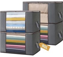 4 lielu uzglabāšanas maisu iepakojums, 90 L uzglabāšanas kaste ar vāku, drēbju uzglabāšanas, pārcelšanās kastes, salokāmas uzglabāšanas kastes segām, segām, drēbēm, drēbēm, zem gultas, drēbju skapis, pelēks