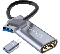 Video ierakstīšanas karte 4K HDMI uz USB ierakstīšanas karte, Full HD 1080P USB ierakstīšana Windows Linux Mac OS, kamerai/DV/raidošajiem medijiem/spēlei/dzīvai apraidei (sudraba krāsā)