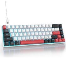 Spēļu tastatūra balta 60% - Mini mehāniskā tastatūra 65% ar zilu LED apgaismojumu, 68 taustiņi, vadu spēlētāja amerikāņu QWERTY ar sarkanu slēdzi datoram/laptop datoram GT68-White