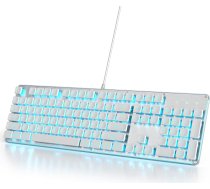 Vadu spēļu tastatūra, 104 taustiņi ar membrānas LED apgaismojumu, ASV izkārtojums QWERTY ar apaļiem taustiņiem datoram/PC/Laptop/Windows (G1000-White)