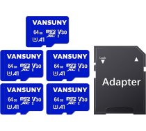 Vansuny Micro SD karte 64 GB, 5 atmiņas kartes microSDXC ar SD adapteri līdz 90 MB/s (UHS-I, U3, V30, A1, 10. klase) 4K UHD video, saderīga ar viedtālruni, kameru, planšetdatoru, GoPro