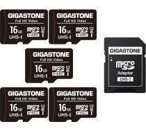 GIGASTONE 16GB MicroSDHC atmiņas karte 5-Pack + SD adapteris rīcības kamerai, GoPro, dronam un planšetdatoram, līdz 85MB/s, Full HD video ierakstīšana, Micro SD karte UHS-I Class 10 U1
