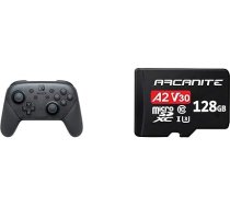 Nintendo Switch Pro Controller + ARCANITE 128 GB microSDXC-Speicherkarte ar adapteri, A2, UHS-I U3, V30, 4K, C10, microSD, ar ātrumu līdz 95 MB/s.