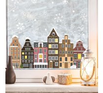 Sienas uzlīmes Loft Window Stickers Christmas Amsterdam House Row - atkārtoti lietojamas - A2 lapa, 34 uzlīmes - Ziemassvētku dekorācijas logiem, Ziemassvētku attēli logiem, Logu attēli ziemas sniegpārslas