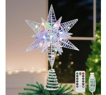 Lewondr Ziemassvētku eglītes virsotnes zvaigzne, 3D sešstūra LED lampa, Ziemassvētku zvaigzne eglītes virsotnei ar taimeri/8 gaismas režīmiem, USB vadības pults, Ziemassvētku dekorācija, Ziemassvētku eglīte, zvaigzne, krāsaina gaisma