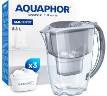 AQUAPHOR Starter Pack ūdens filtrs Amethyst Grey, kas ietver 3 Maxfor+ filtrus, 2,8 litru karafi, kas iederas ledusskapja durvīs, samazina kaļķa un hlora daudzumu, galda ūdens filtrs, stilīgs trauks