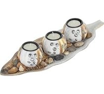 Relaxdays tējas svecīšu turētājs, 3 sveču turētāji, lapu paplāte, dekoratīvie akmeņi, galda dekorācija dzīvojamajai istabai, sveču dekorācija, brūns/balts