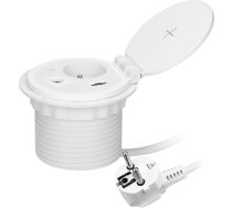 Mēbeles kontaktligzda ?8cm iebūvēta darba virsmā ar induktīvo lādētāju, USB lādētājs ar 2 A un C ligzdām, kabeļa caurlaidi un 1,8 m kabeli, 1x2P+Z, 2xUSB 2.4A 5V, balta krāsā.