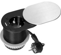 Mēbeles kontaktligzda ?6cm, iebūvēta galda virsmā ar bīdāmu vāciņu, USB lādētājs un kabelis 1,9m, 1x2P+Z (Schuko), 2xUSB (A+C tips; PD20W), sudraba krāsā