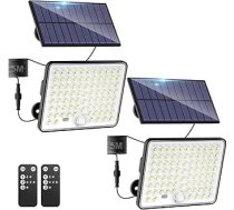 kolpop 2 saules lampu komplekts āra gaismām ar kustības sensoru, 3 režīmi, tālvadības pults, 82 LED lēcas saules starmeši, IP65 ūdensizturīgs āra apgaismojums, sienas apgaismojums dārzam, pagalma pakāpieniem, 5 m kabelis