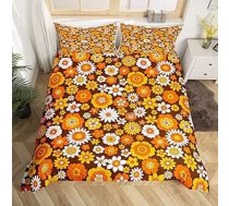 Loussiesd 60S 70S Groovy gultas veļas komplekts 135 x 200 cm Bērnu retro hipiju ziedu gultas komplekts zēniem pusaudžiem Vintage Boho augu ziedu sega komplekts Botāniskais ziedu komplekts Brūns sega sega sega sega sega sega