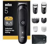 Braun Series 5 daudzfunkcionālais ķermeņa kopšanas komplekts, 9 in 1, īpaši ass asmens, 120 minūšu, precīzs un efektīvs griezums, AquaGrip turētājs zem ūdens, AIO5540, melns