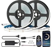 10 m (2 x 5 m) COB LED lente, auksti balta, 6000 K, dimmējama 8 mm lente, Bluetooth lietotnes vadība, pašlīmējoša, elastīga gaismas josla ar 12 V barošanas avotu, RF tālvadības pults