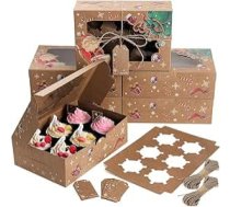 Coolty Pack of 20 Cupcake Boxes 6 caurumi kartona iepakojuma kastes maizes konditorejas kastes ar logu un ieliktņiem cepumiem Muffins Cupcakes desertus kūkas (Brown Christmas Style)