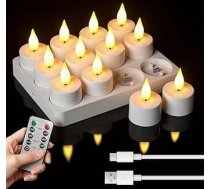 KagoLing LED tējas gaismas, 12 LED sveces, uzlādējamas ar taimera funkciju, tālvadības pults, LED sveces, mirgojoša liesma ar uzlādes staciju Helovīnam, Ziemassvētkiem, Valentīna dienai, galdam