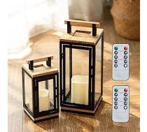 NUPTIO laterna ar taimeri svecēm Koka: 34 x 23,5 cm LED sveču laternu komplekts Melna metāla āra koka laterna Sveču laterna Āra Ziemassvētku Ziemassvētku kapu laterna Kapu laterna Kapu laikapstākļu izturīgs dārza laterna