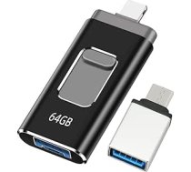 64 GB USB zibatmiņas karte iPhone, MFi sertificēta zibatmiņas zibatmiņas karte, 4-in-1 karte mobilajam tālrunim - saderīga ar iOS/Android/PC, USB 3.0 Plug and Play - fotoattēlu un video dublēšana, melna