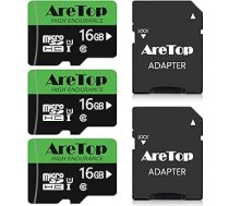 Aretop Micro SD karte 16 GB, 3 atmiņas kartes ar 2 adapteriem MicroSDHC UHS-I Class 10 U1 A1, Full HD video ierakstīšanas Micro SD atmiņas karte kamerai/ viedtālrunim/dronam/pilotajai kamerai