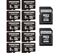 GIGASTONE 8GB MicroSDHC zibatmiņas karte 10 gab. + SD adapteris, paredzēta videokamerām, GoPro, tālruņiem un planšetdatoriem, ar ātrumu līdz 85 MB/s, Full HD video, Micro SD karte UHS-I Klasse 10 U1