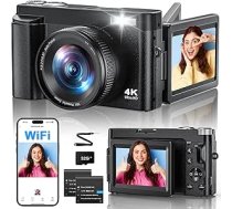 4K 64MP digitālā kamera ar WiFi, 180° apgriežama ekrāna autofokusa videoreportāžas kamera ar selfiju, 16X digitālo tālummaiņu, 7,6 cm LCD monitoru, WiFi kompaktā kamera ar 32 GB karti, 2 baterijas iesācējiem
