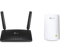 TP-Link Archer MR200 Cat4 + AC750 Mb/s divjoslu 4G LTE WLAN maršrutētājs, melns un RE200 WLAN pastiprinātāja retranslators (433Mbit/s 5 GHz, 300Mbit/s 2,4GHz Dual WLAN AC+N, WLAN pastiprinātājs, LAN ports), balts